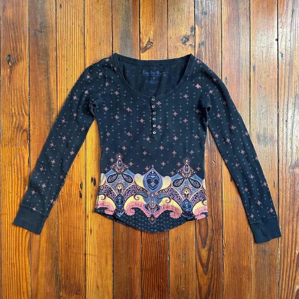 Lucky Tees navy blue medallion print thermal long sleeve top Small